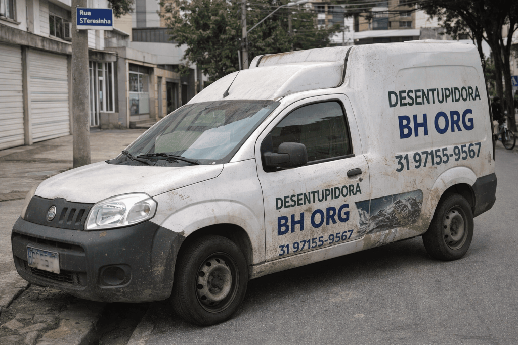 Van da Desentupidora BH com identificação e telefone (31) 97155-9567 em atendimento